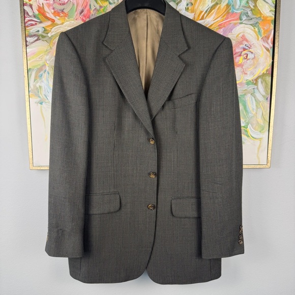 Oscar de la Renta 40L Wool Blazer Sport Coat Gray Houndstooth Classic 3-Button